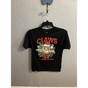 Holiday Time Black Christmas Cat Wreath Print Tee Shirt Size Small‎